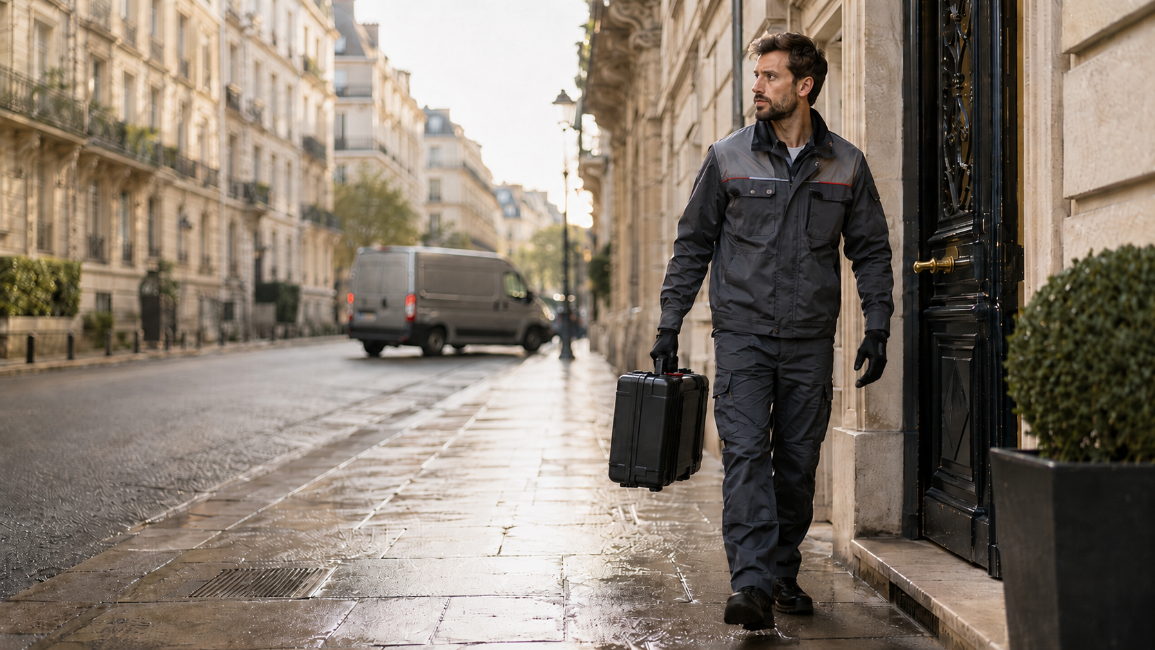 Technicien de dératisation en urgence intervenant à Paris avec une mallette professionnelle