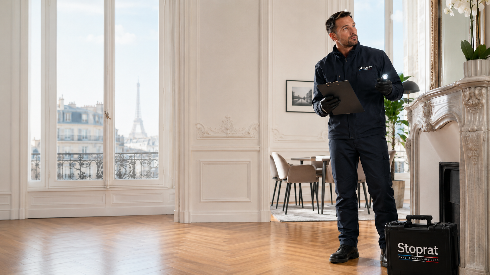 Expert anti nuisible intervenant dans un appartement parisien moderne avec lampe d’inspection et fiche de diagnostic