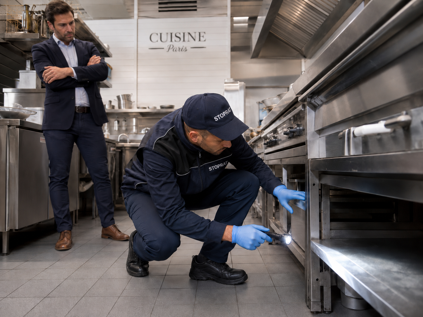 Expert anti nuisible inspectant une cuisine de restaurant à Paris Expert anti nuisible inspectant une cuisine de restaurant à Paris
