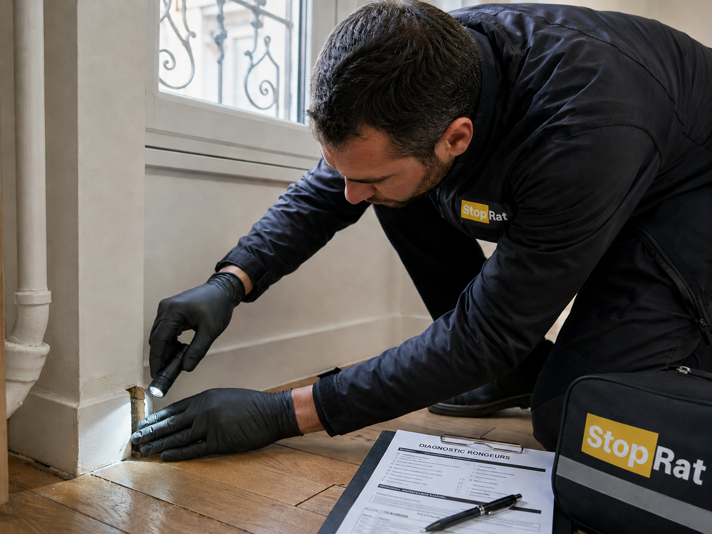 Expert en dératisation identifiant les traces de rongeurs dans un logement à Paris Expert en dératisation identifiant les traces de rongeurs dans un logement à Paris