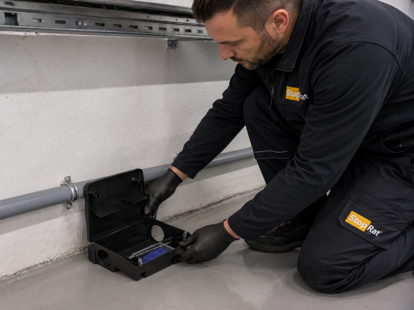 Technicien installant un poste sécurisé pour une dératisation à Paris Technicien installant un poste sécurisé pour une dératisation à Paris