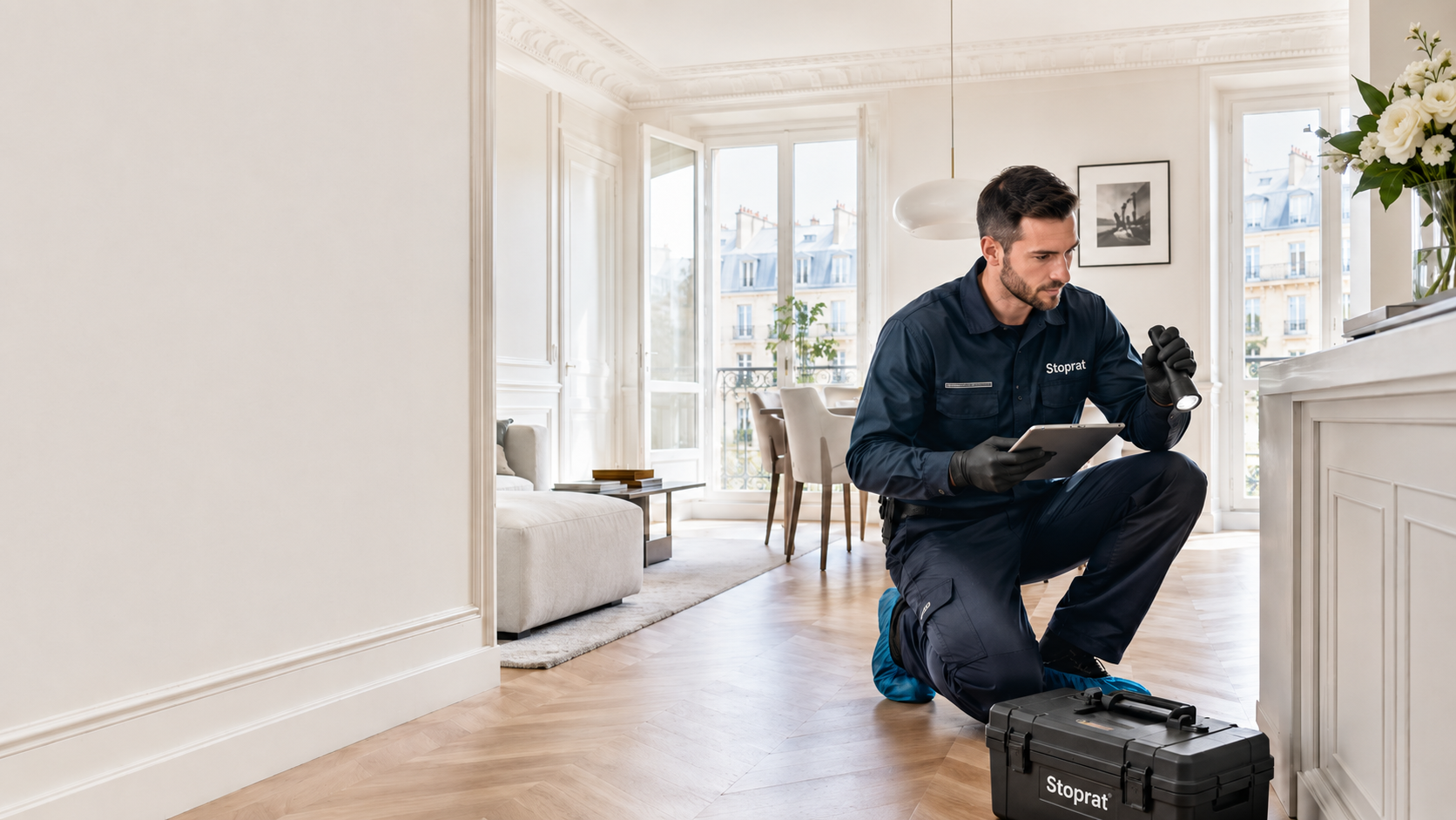 Technicien Stoprat réalisant un traitement des nuisibles à Paris et en Île-de-France