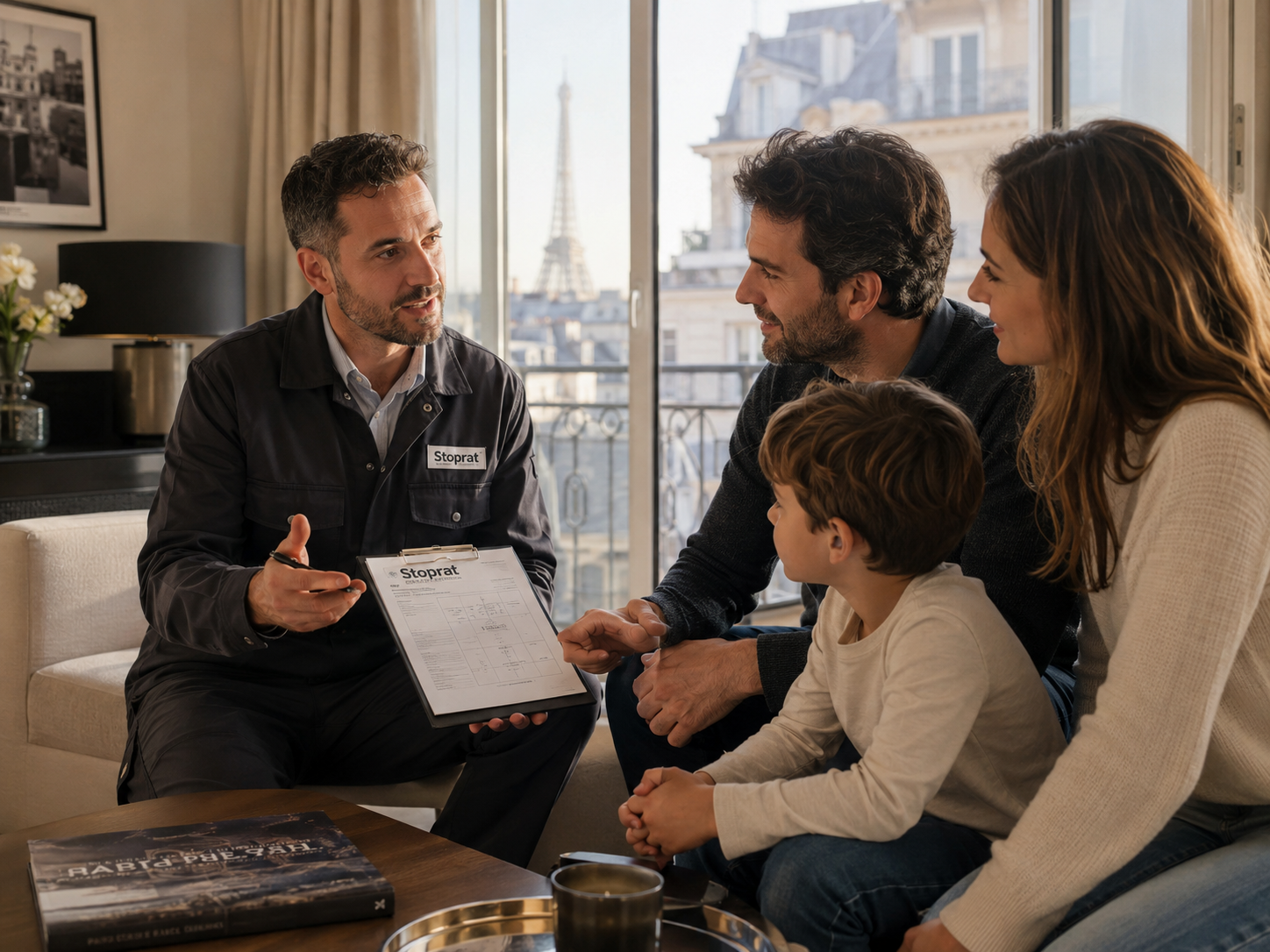 Technicien Stoprat expliquant une intervention anti nuisible à une famille dans un appartement à Paris
